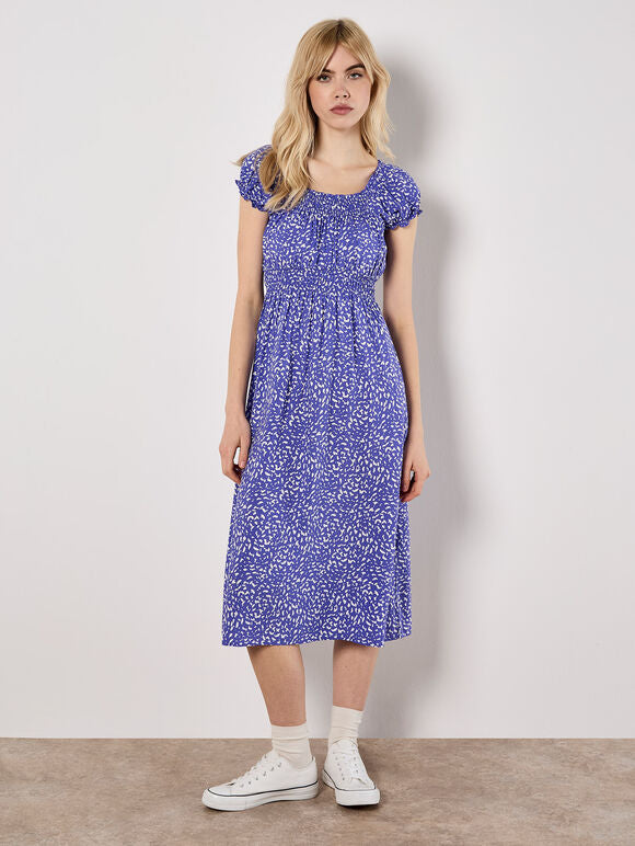 Blue milkmaid mid-length dress with brush pattern