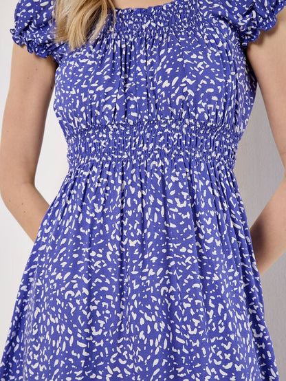 Blue milkmaid mid-length dress with brush pattern