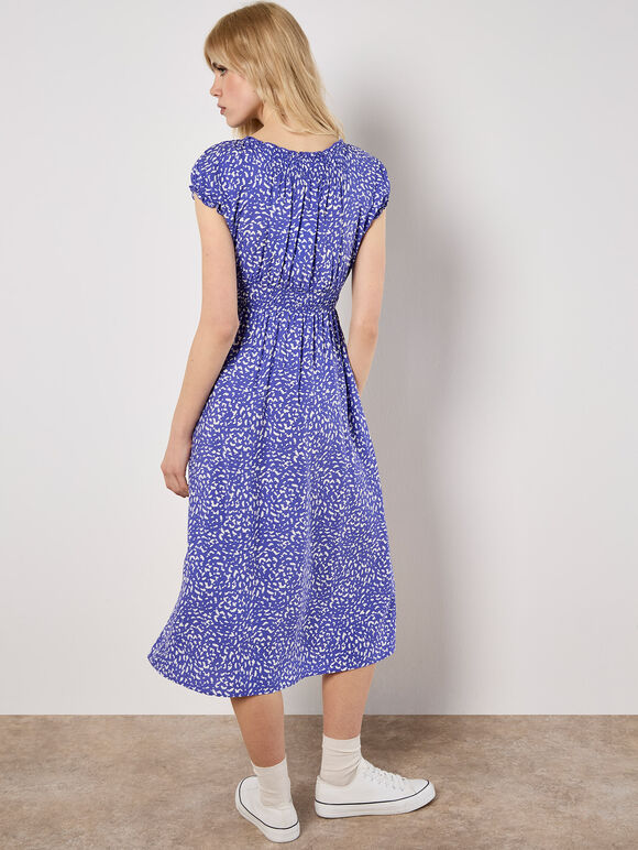 Blue milkmaid mid-length dress with brush pattern