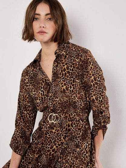 Animal Print Crepe Shirt Mini Dress
