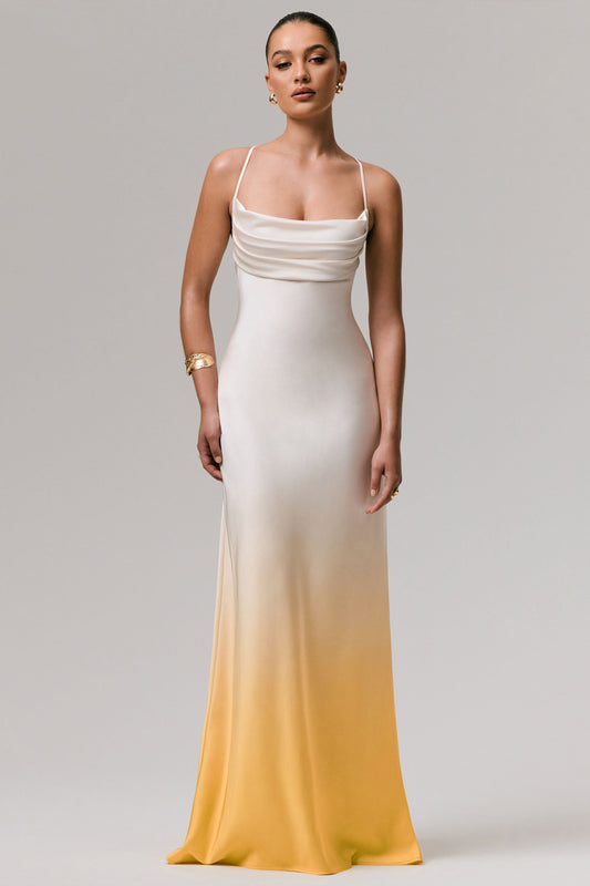 Yellow Ombre Satin Cowl-Neck Maxi Dress