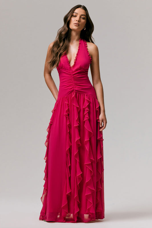 Hot Pink Plunge-Neck Ruffled Maxi Dress