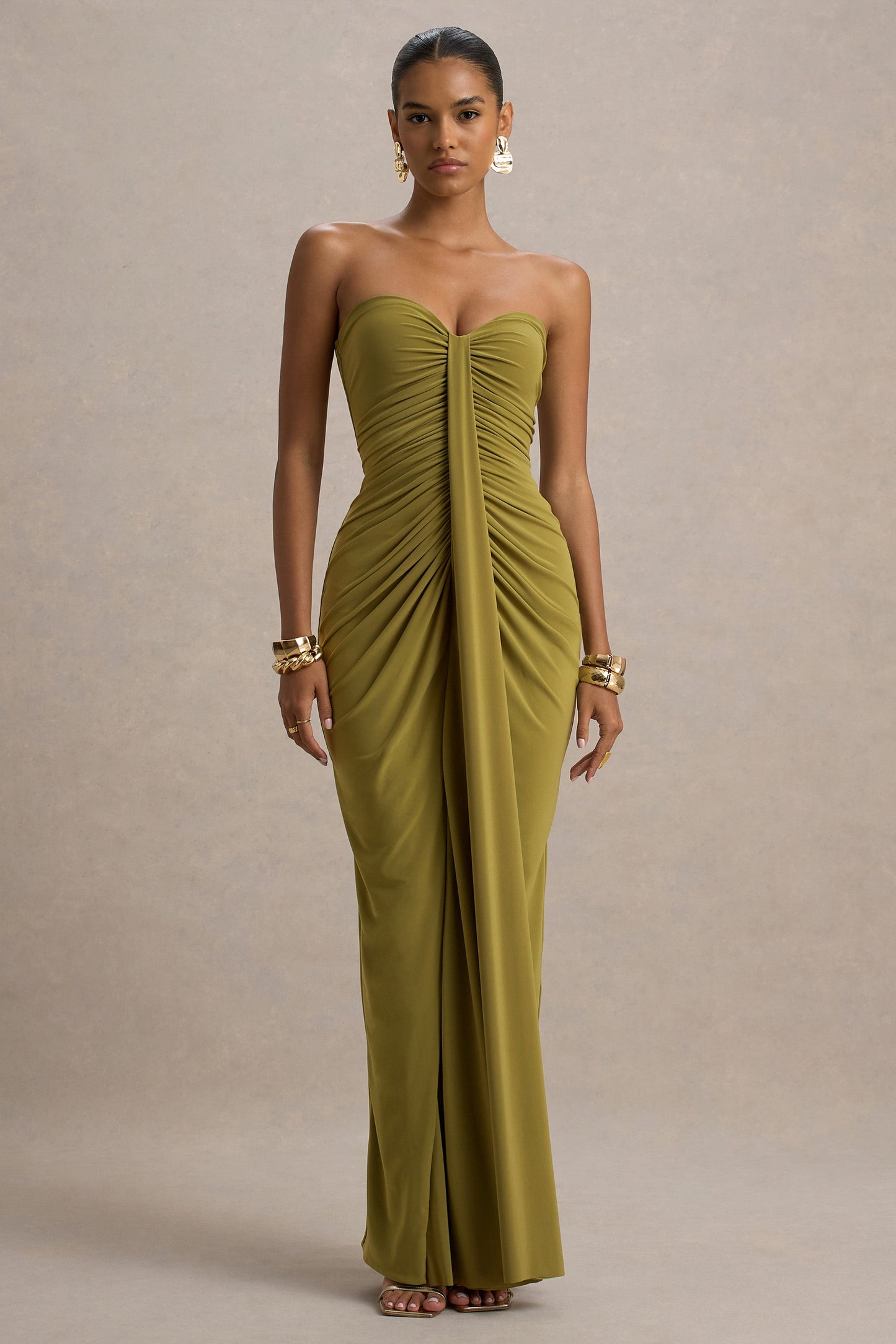 Olive Sweetheart Ruched Wrap Maxi Dress