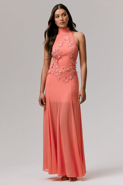 Coral High-Neck Embellished Maxi Dress