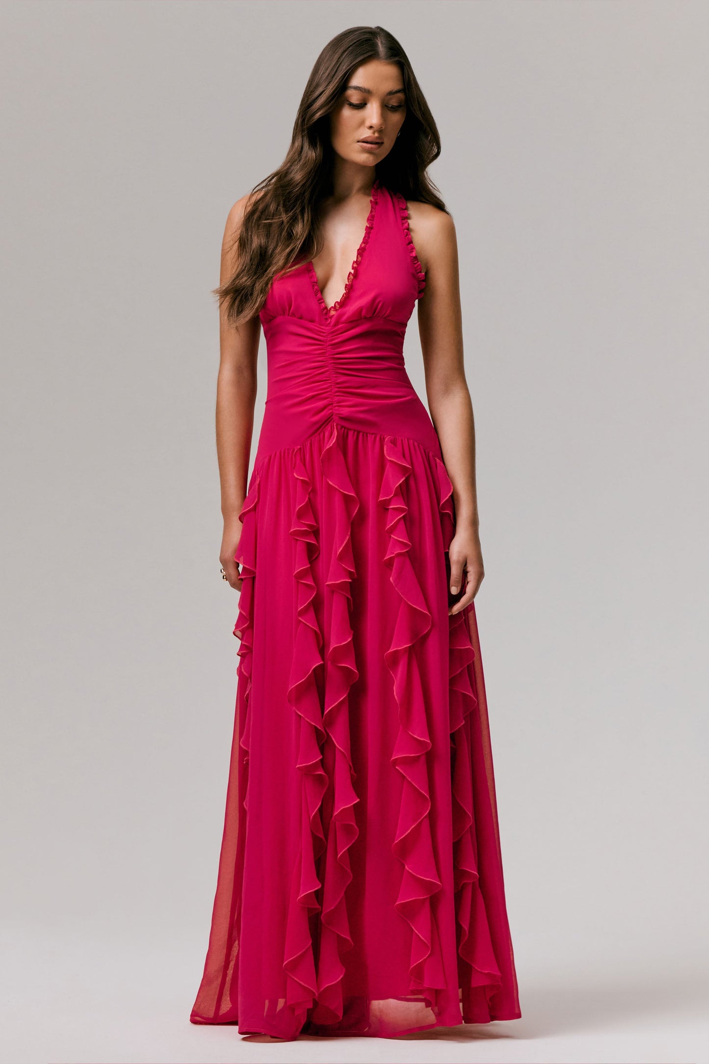 Hot Pink Plunge-Neck Ruffled Maxi Dress