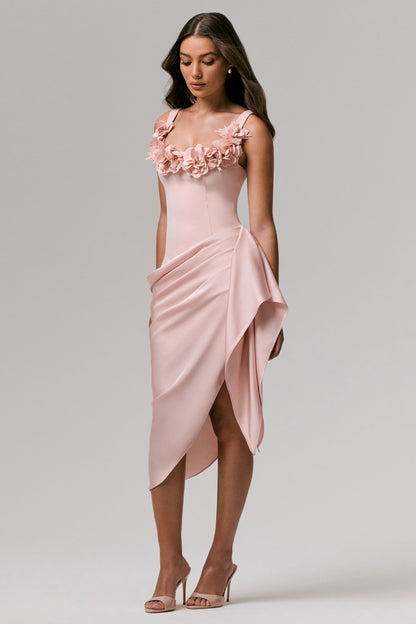 Pale Pink Square-Neck Embellished Wrap Midi Dress