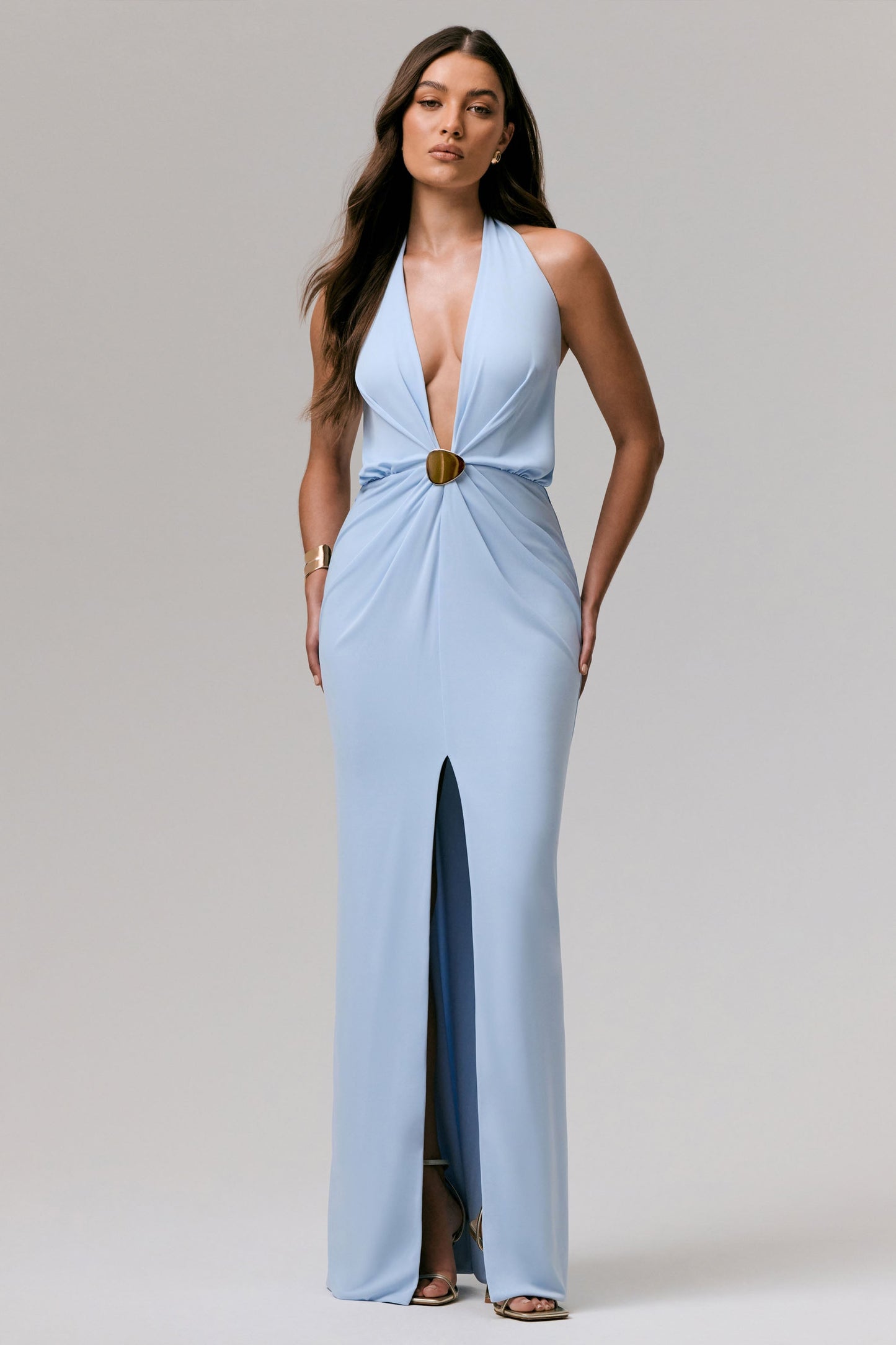 Powder Blue Plunge-Neck Wrap Maxi Dress With Waist Detail