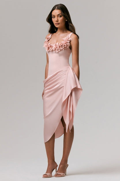 Pale Pink Square-Neck Embellished Wrap Midi Dress