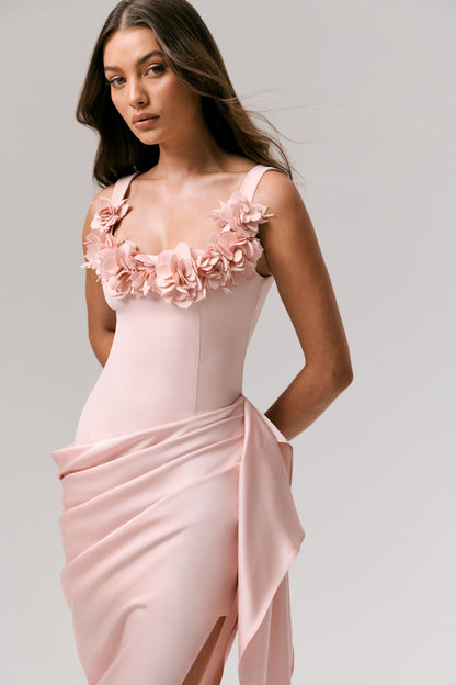 Pale Pink Square-Neck Embellished Wrap Midi Dress