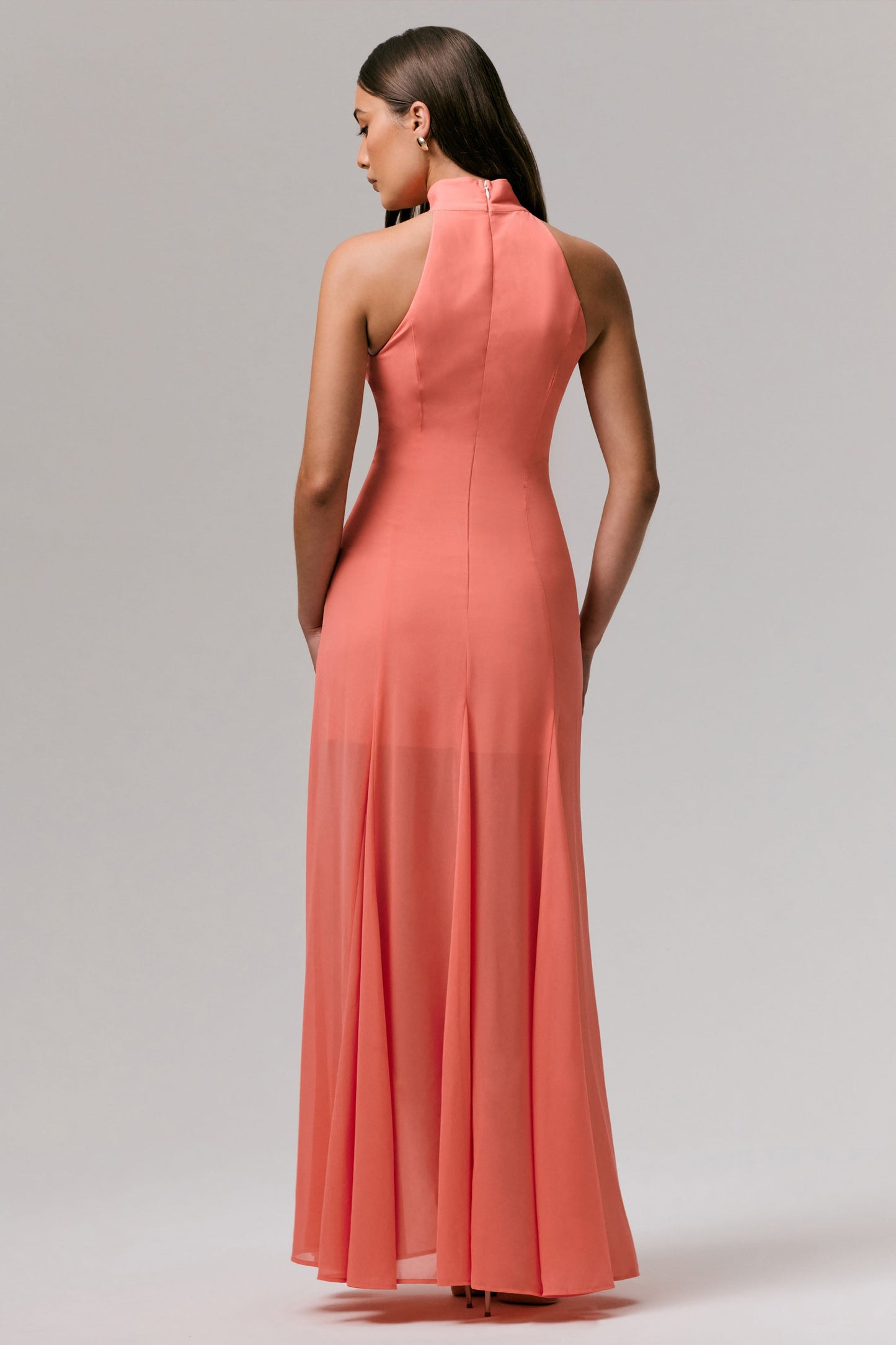 Coral High-Neck Embellished Maxi Dress