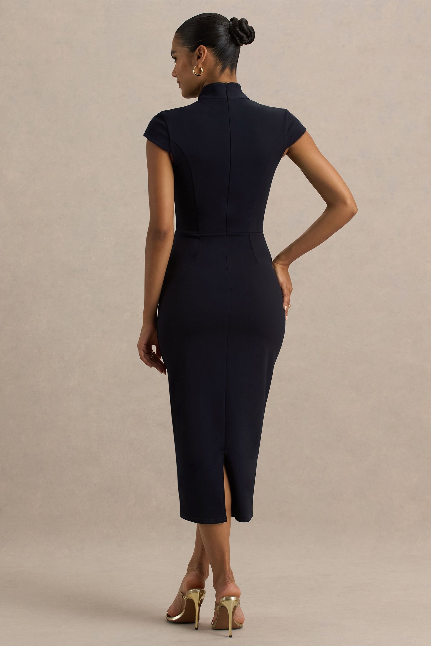 Navy Cut-Out Neck Midi Dress With Short Sleeves